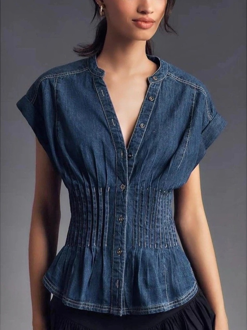 PILCRO The Linden Denim Pleated Waisted Blouse Blue - 1X